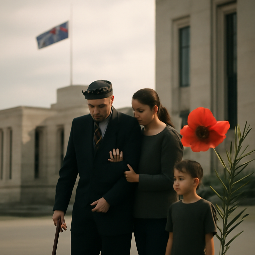Serene daytime scene outside a government building with a subtle Australian flag motif, featuring a blurred figure in the…