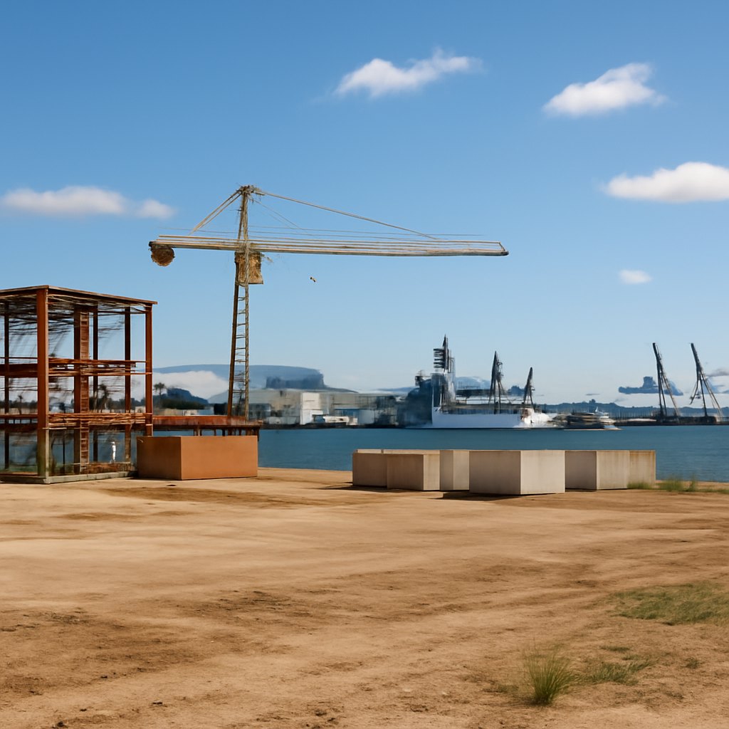Waterfront industrial area in Henderson, Western Australia, with vacant land and construction equipment, and a navy base…