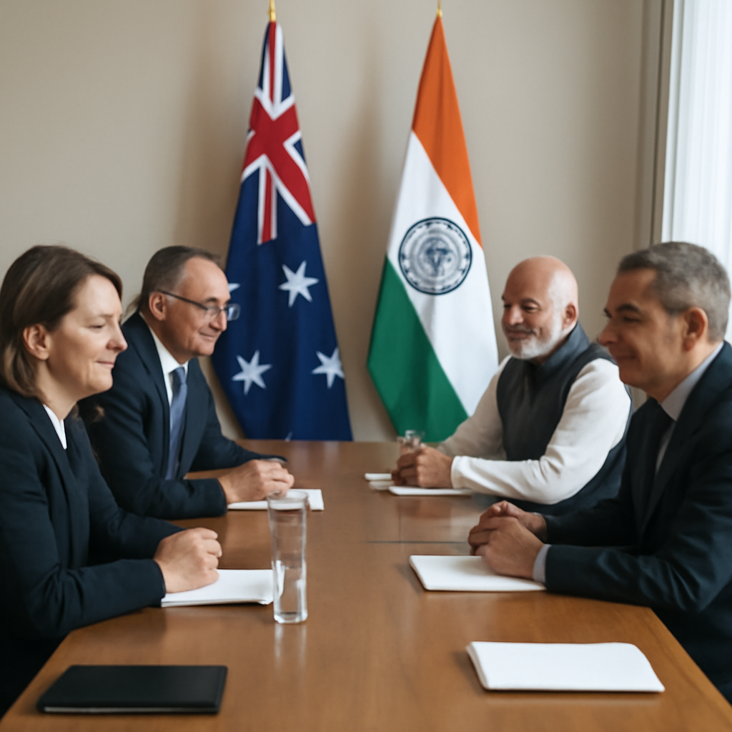 Australian and Indian officials meet in a formal conference room with national flags displayed.