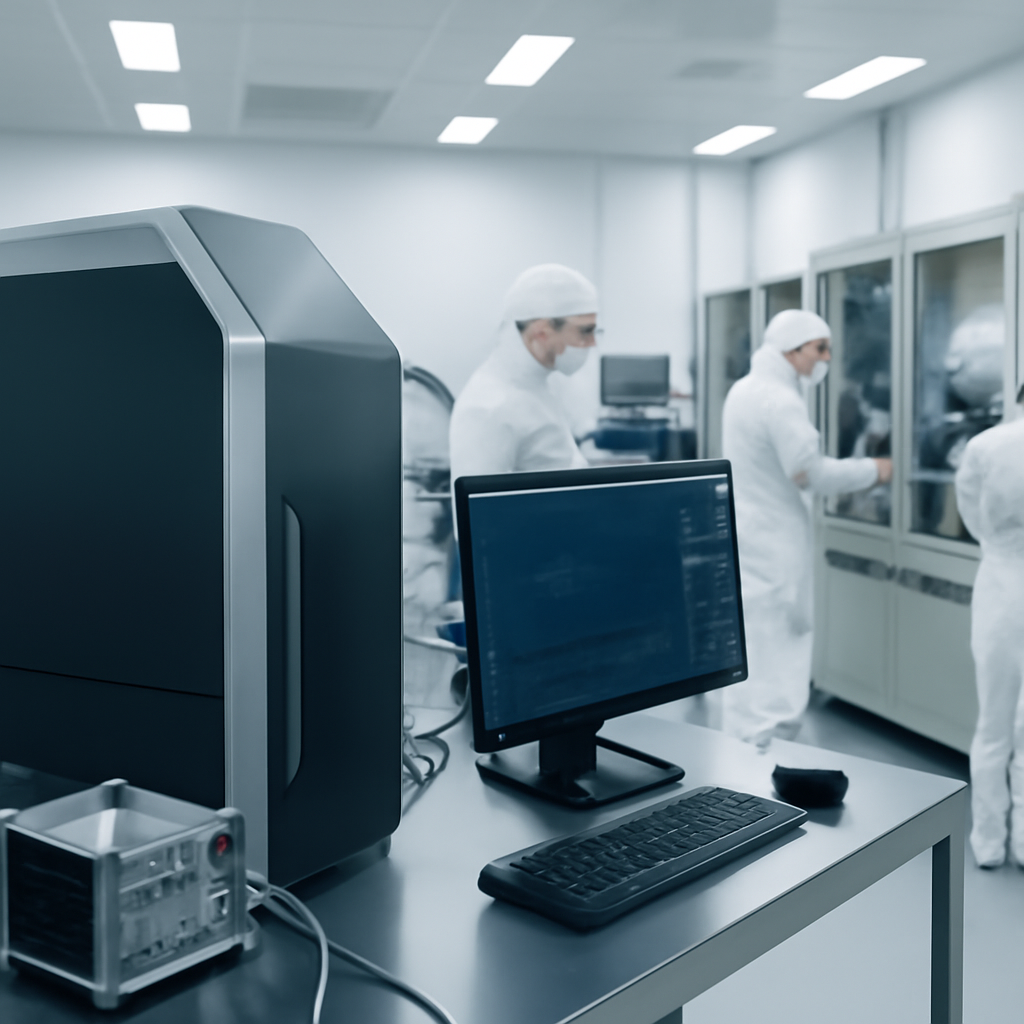Scientists work around a large, sleek AI system setup with monitors and instruments in a clean-room research facility.