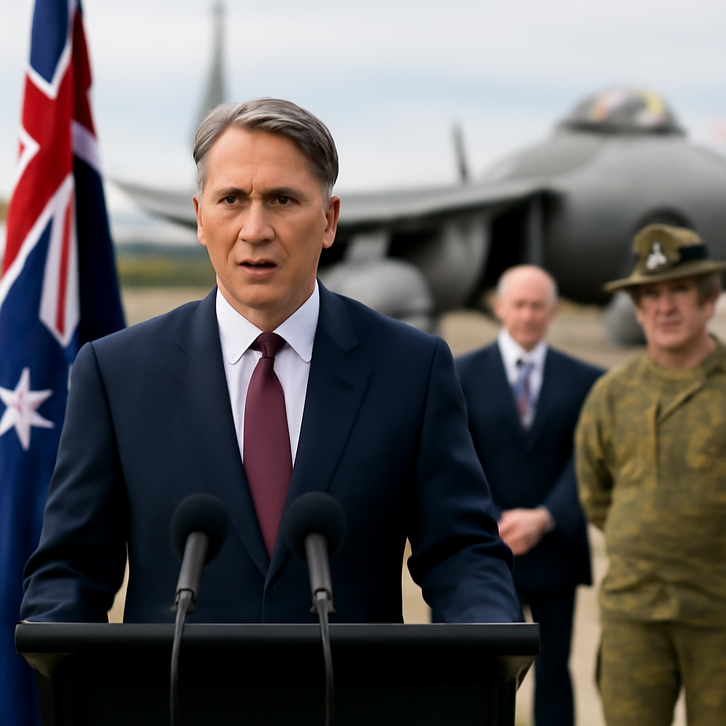 Australian Deputy Prime Minister Richard Marles stands at a podium with a military backdrop and officials nearby.