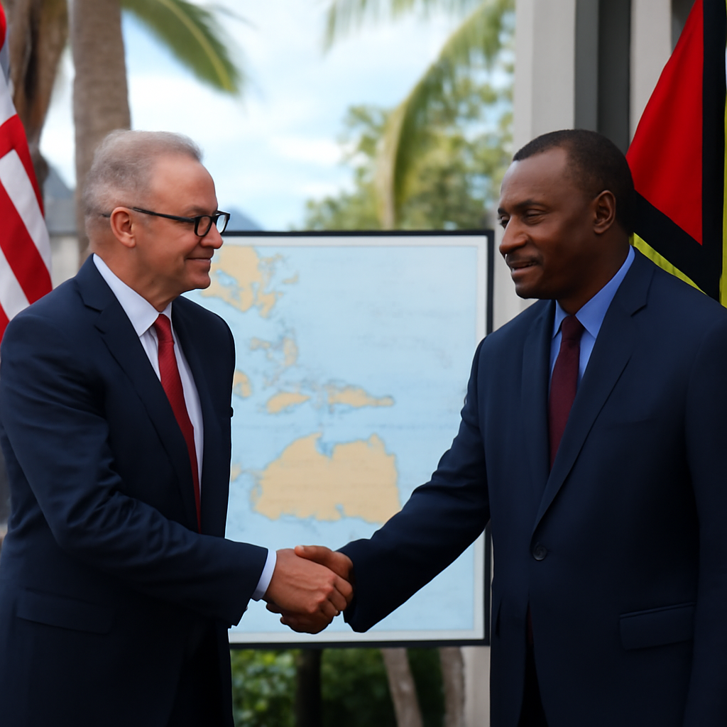 Two government officials shake hands outdoors in a tropical setting with palm trees.