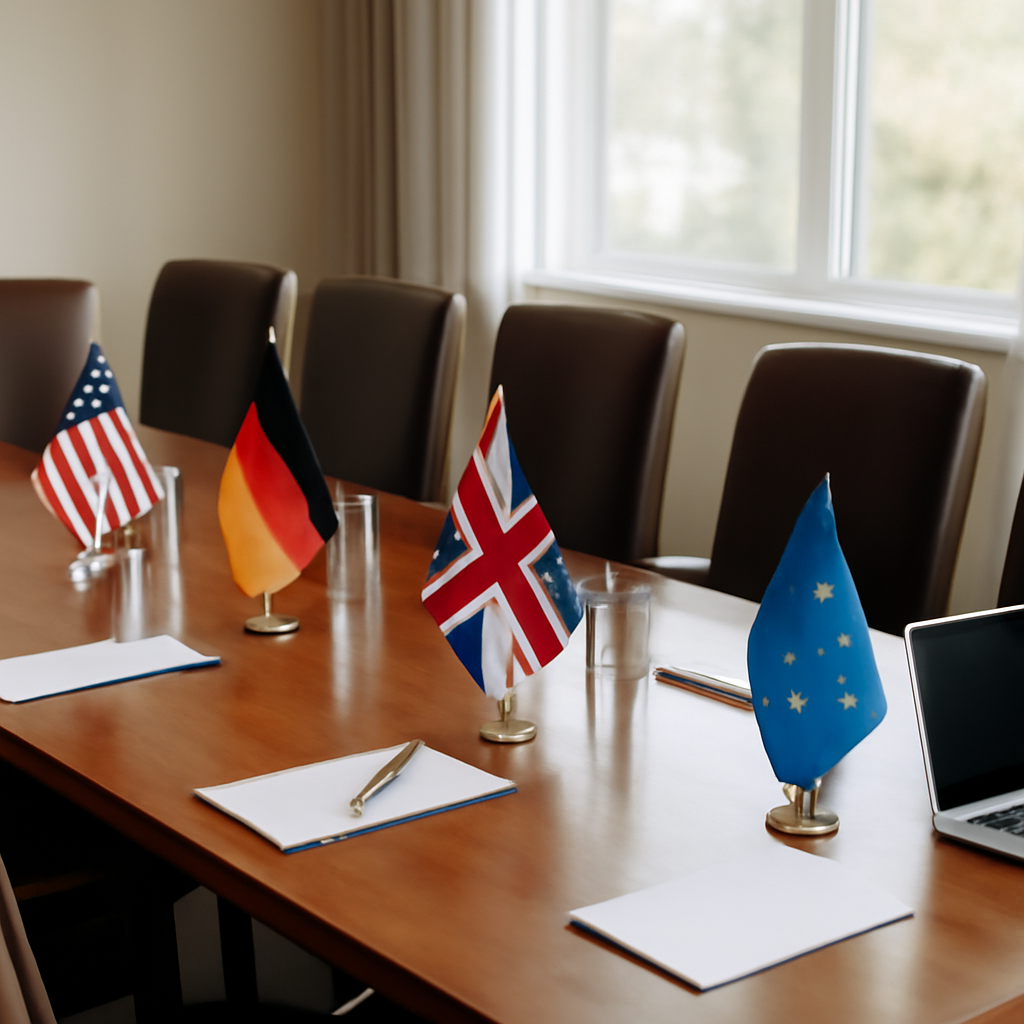 Formal meeting room with long wooden table, chairs, and subtle tech hints.