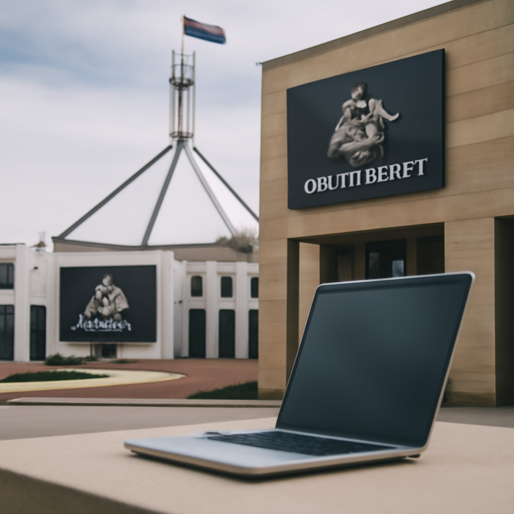 Government building in Canberra with a laptop on a surface in the foreground.