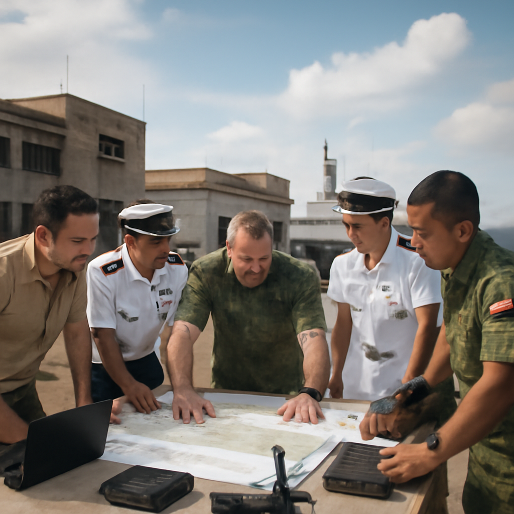 Military personnel from various countries gather at a coastal defense facility in the Indo-Pacific region.