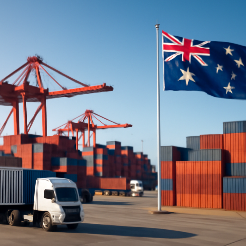 Shipping yard with cargo containers, trucks, and cranes under a clear daytime sky.