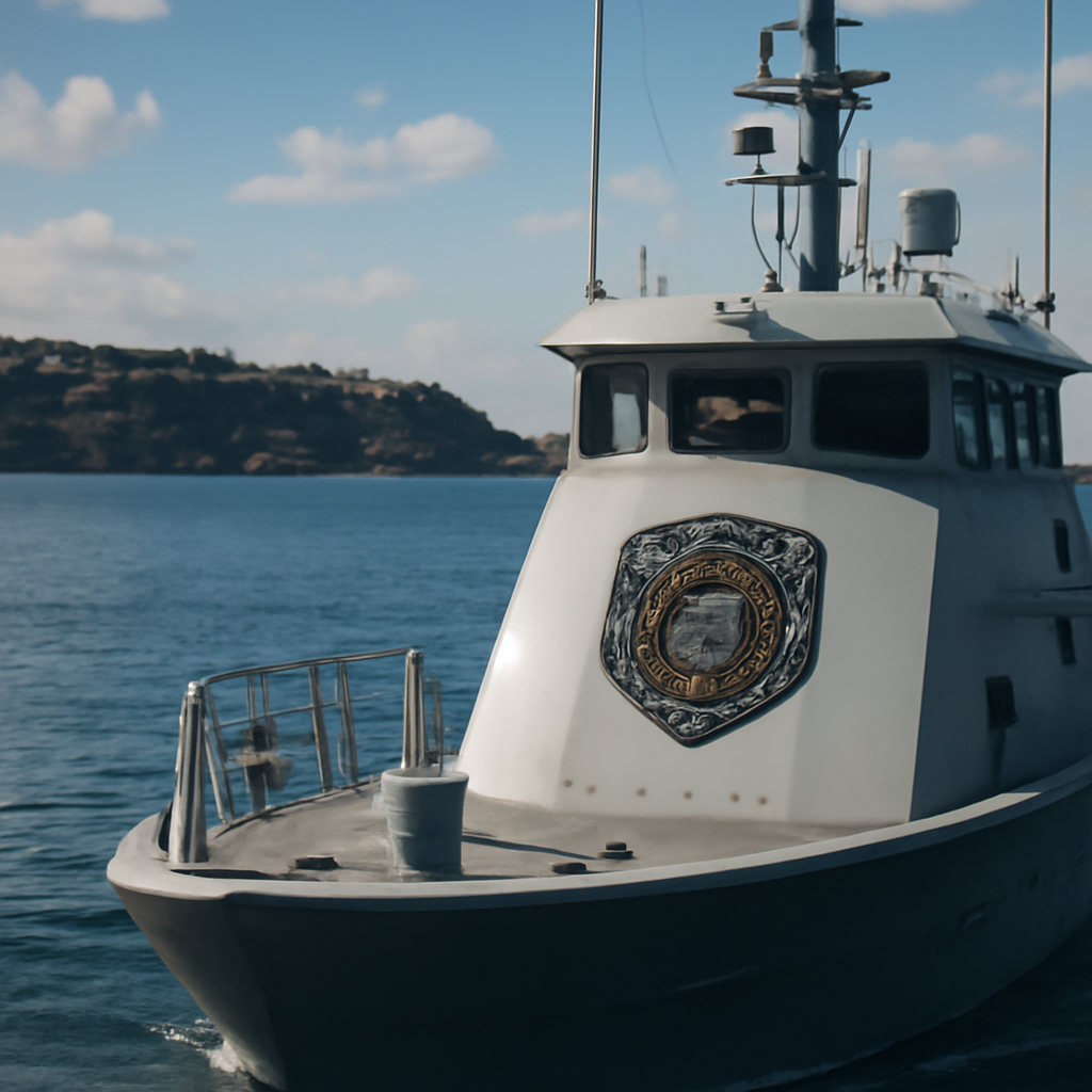 Australian naval vessel patrols coastline with security emblem on console.