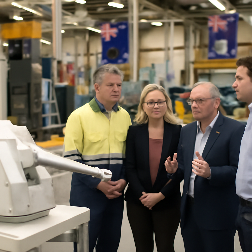Australian industrial facility with machinery and subtle national emblems.