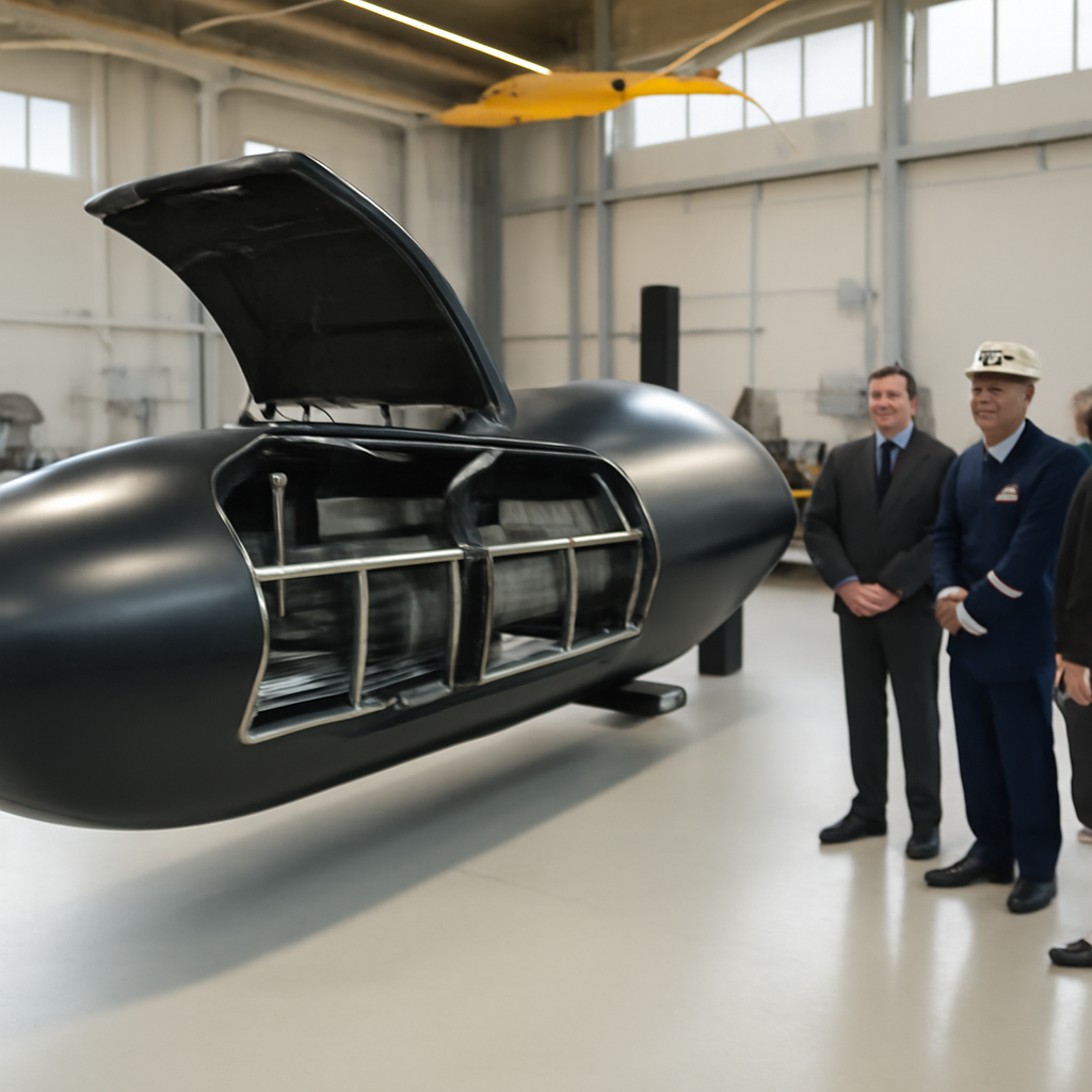 Formally dressed individuals stand before a sleek underwater vehicle with its payload bay open, revealing a modular…