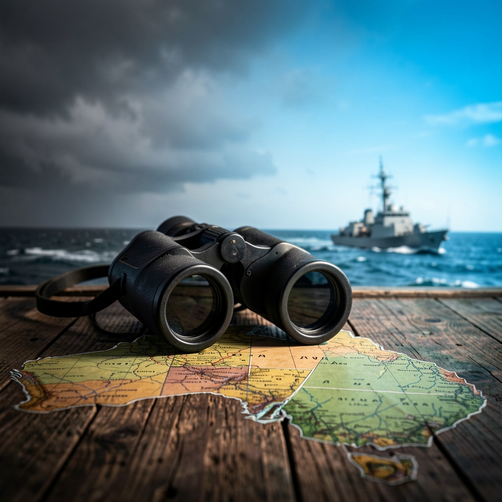 Binoculars on a weathered map of Australia overlook a military vessel at sea.