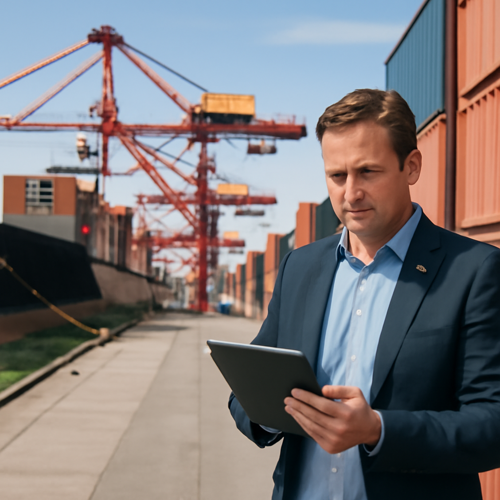 Government official reviews documents beside shipping containers at a busy Australian port.