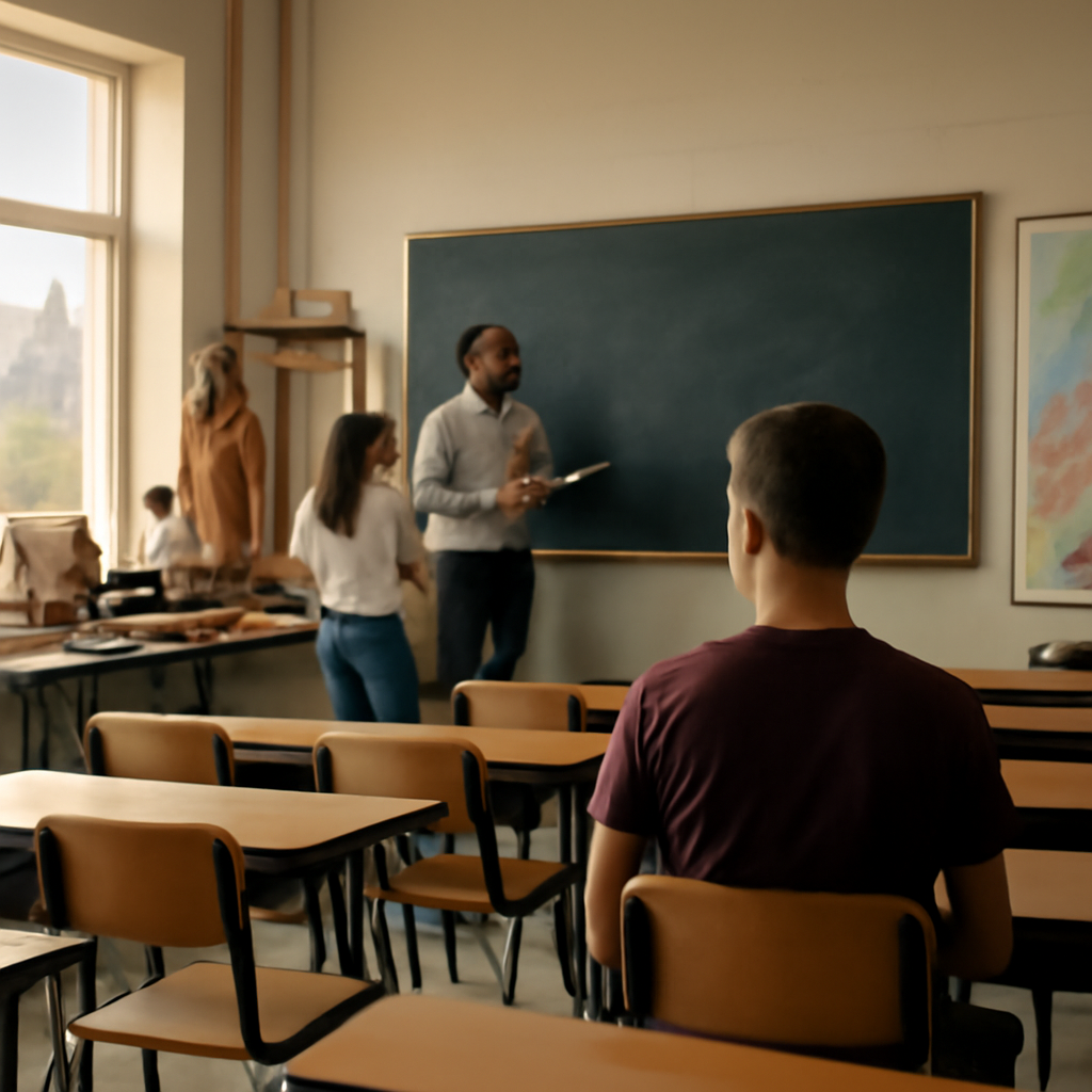 Students and instructor in a university classroom with educational equipment and diagrams, surrounded by natural daylight.