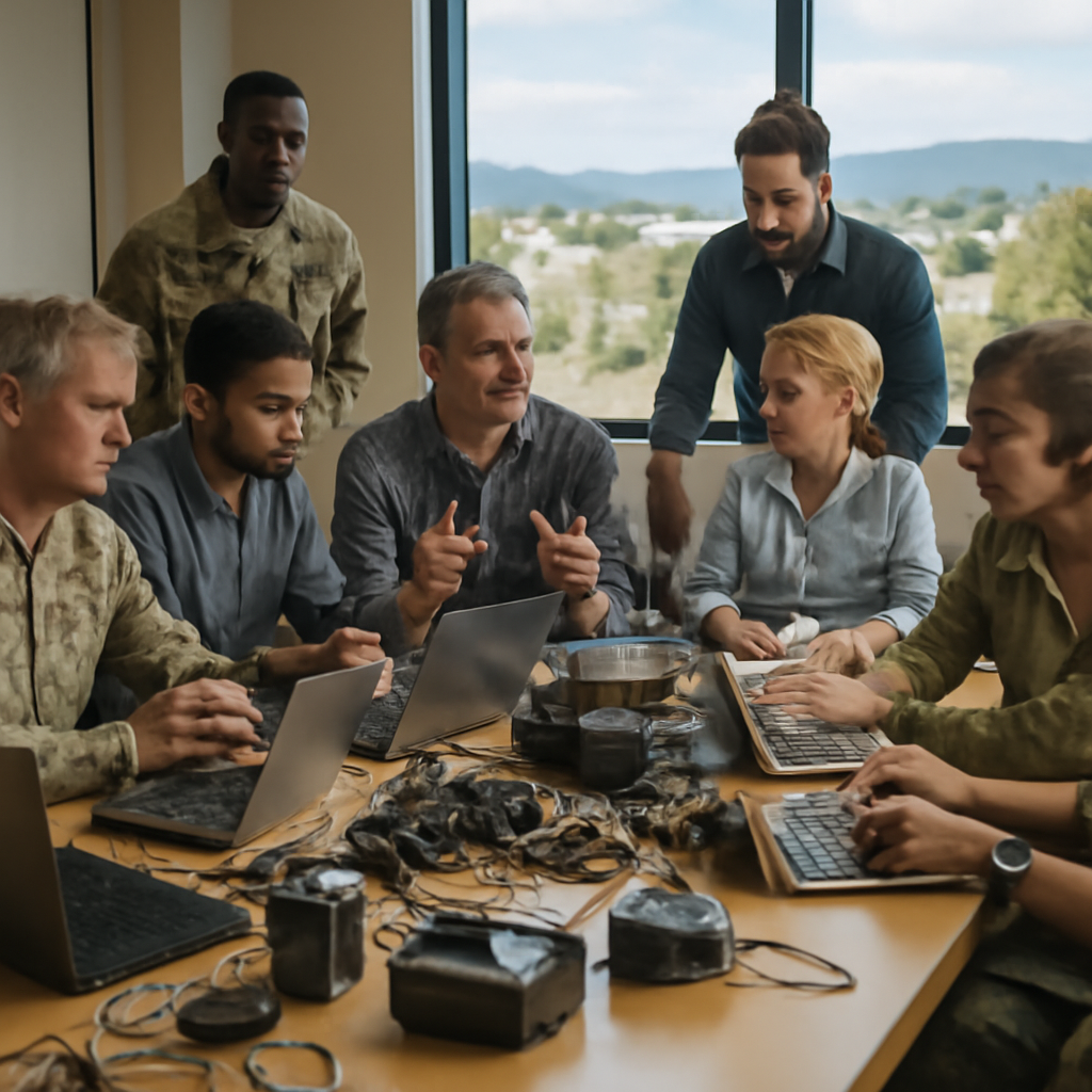 Military, civilians, and tech developers collaborate around a table with laptops and equipment.