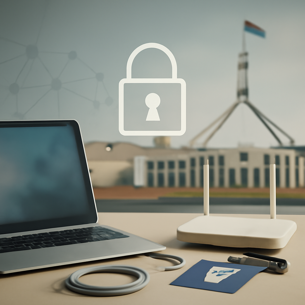 Government building with a stylized network pattern in the foreground, symbolizing cybersecurity regulation.