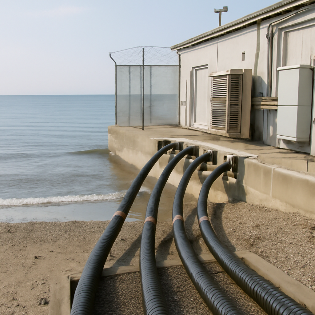 Undersea cables exposed at a coastal facility, highlighting physical vulnerability.