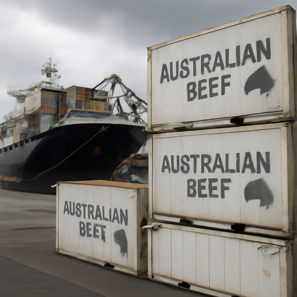 Container ship docked at port with Australian beef crates in foreground.