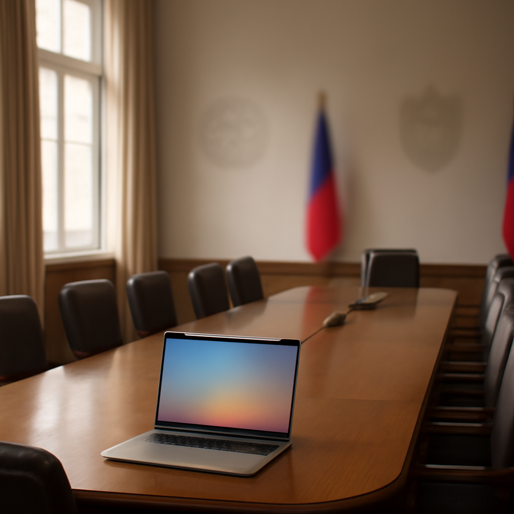 Formal meeting room with large wooden table, chairs, and blurred emblems on walls, with daylight streaming in through tall…