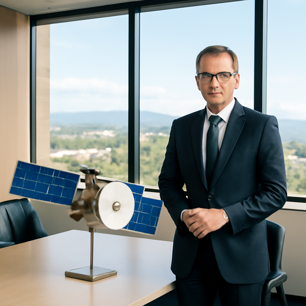Modern office interior with a person near a table, overlooking city or Australian landscape through a large window.