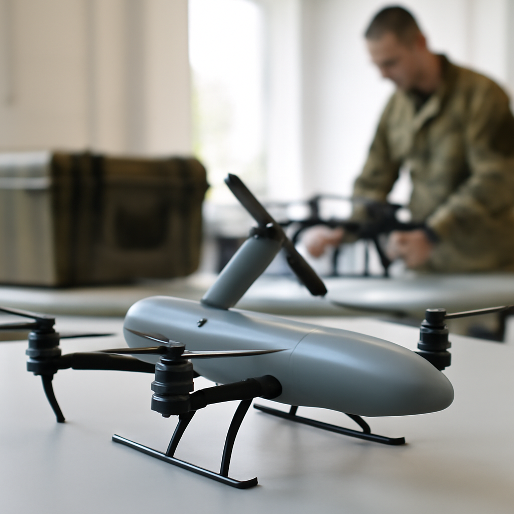 Drone interceptor sits on a lab bench in a well-lit testing environment.