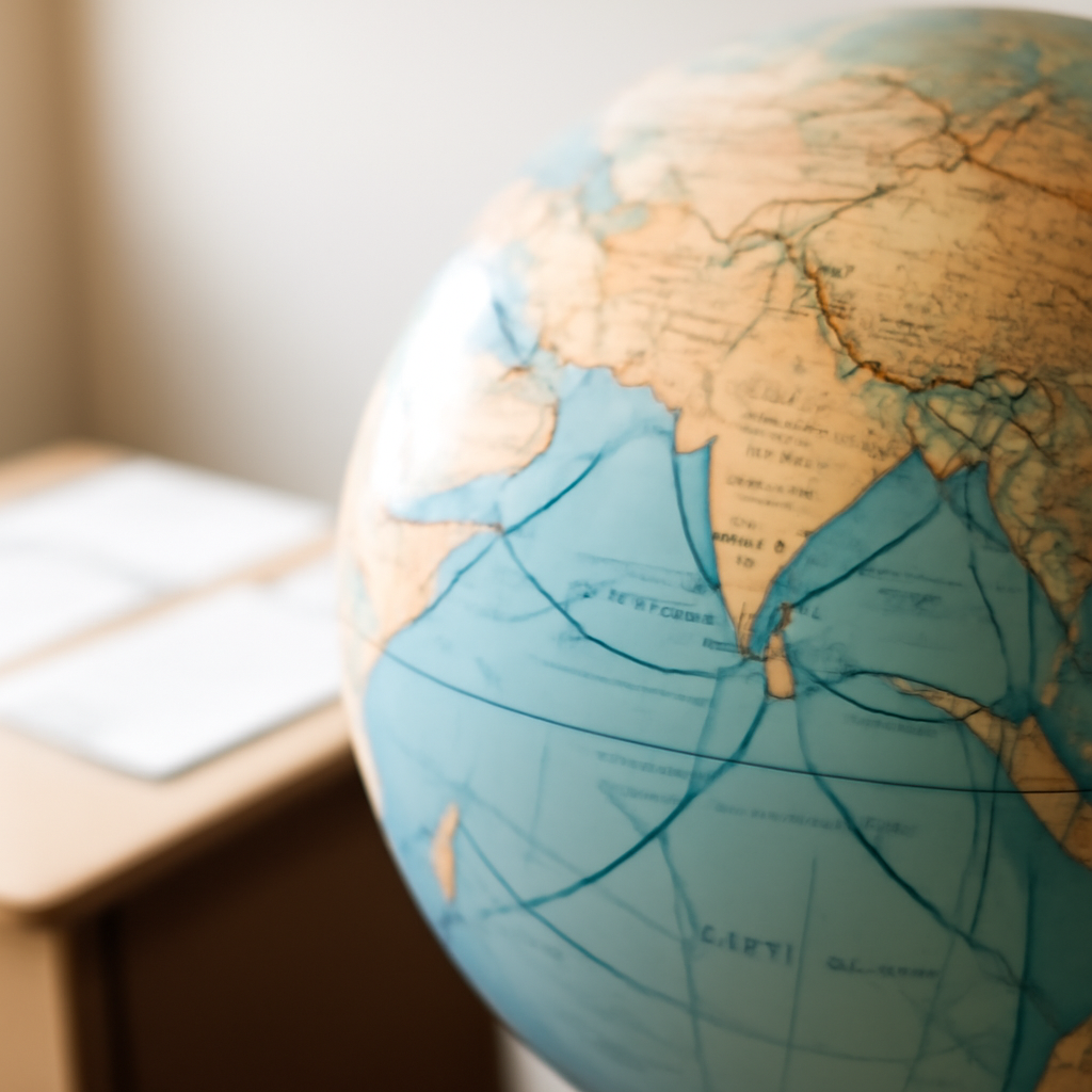 West Asia map centered on maritime routes and chokepoints with abstract shipping lanes.