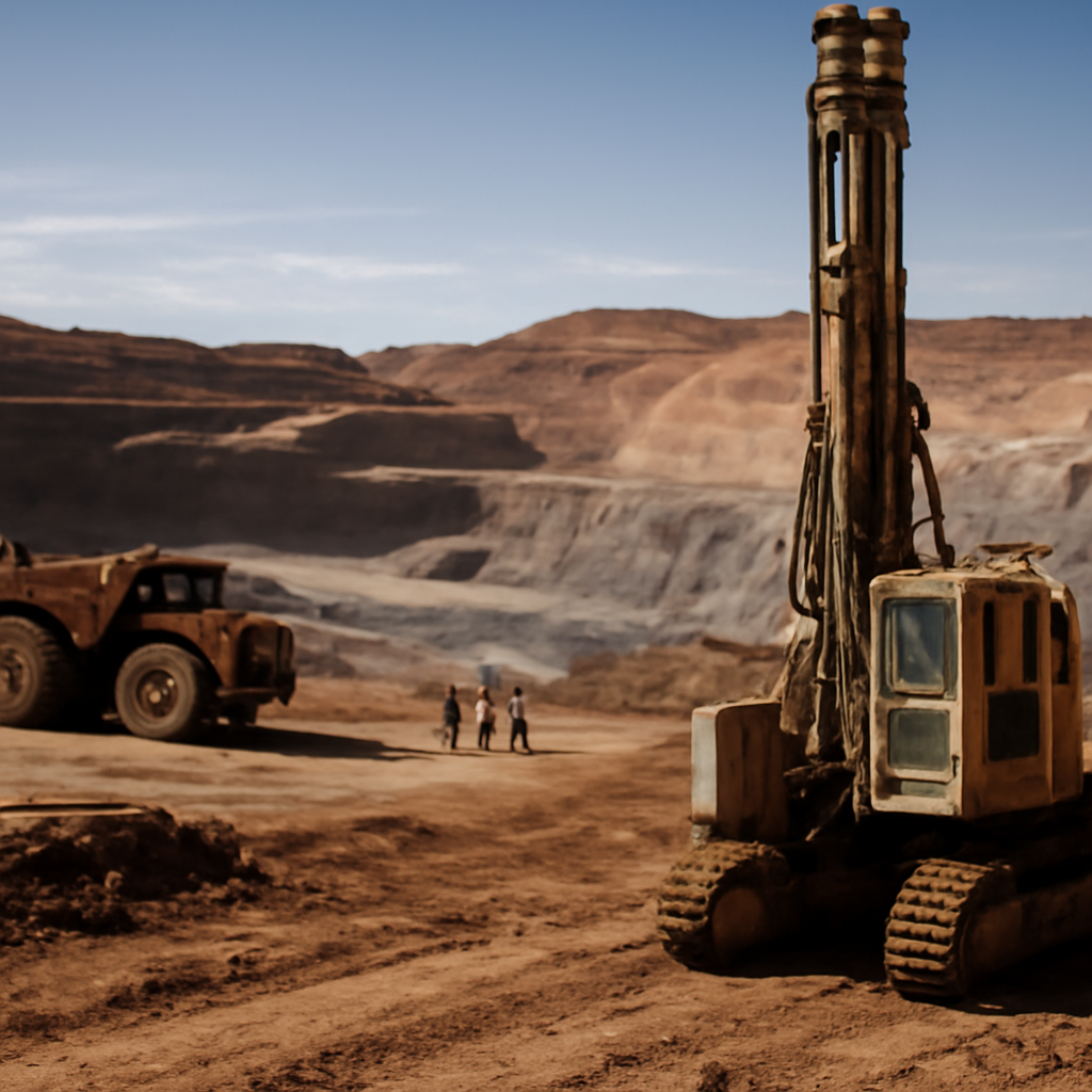 Mining site in Western Australia with earthmoving equipment and workers in distance.