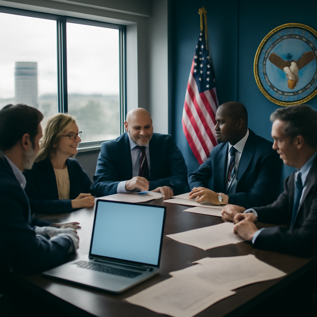 Government officials in business attire seated around a table with laptop and papers in a briefing room.