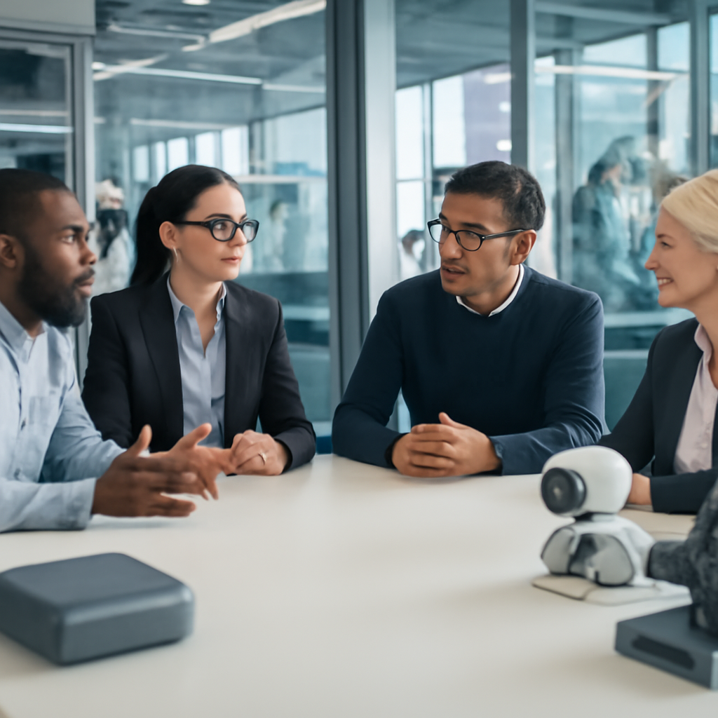 Diverse group of people gathered around a futuristic table with sleek devices, collaborating under bright daylight.