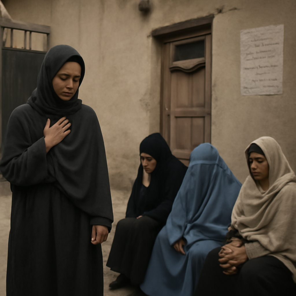 Women in traditional Afghan attire stand in a quiet, somber setting with soft, ambient lighting.