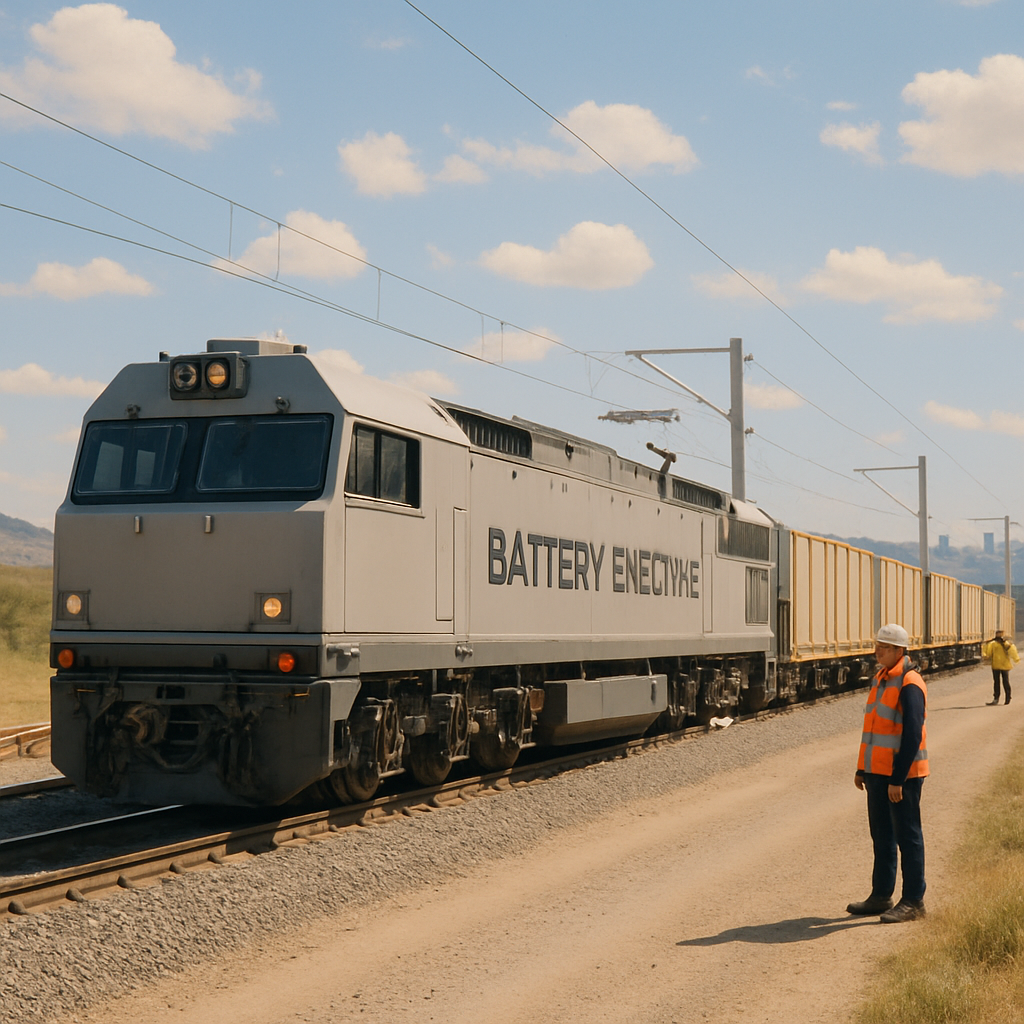 Battery-electric freight train on a railway track in a sunny Australian landscape.