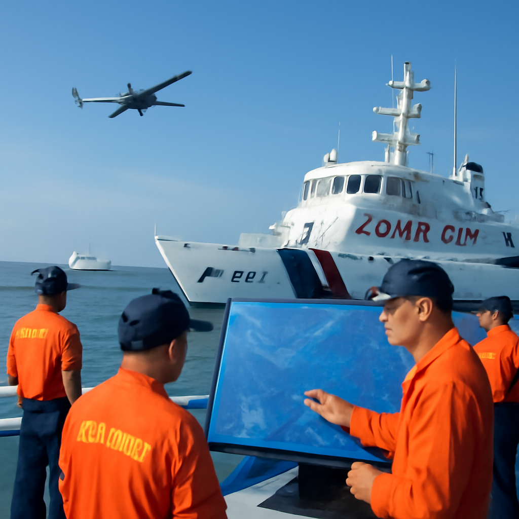 Coast guard personnel consult a map on a screen near a patrol boat and drone by a calm harbor.
