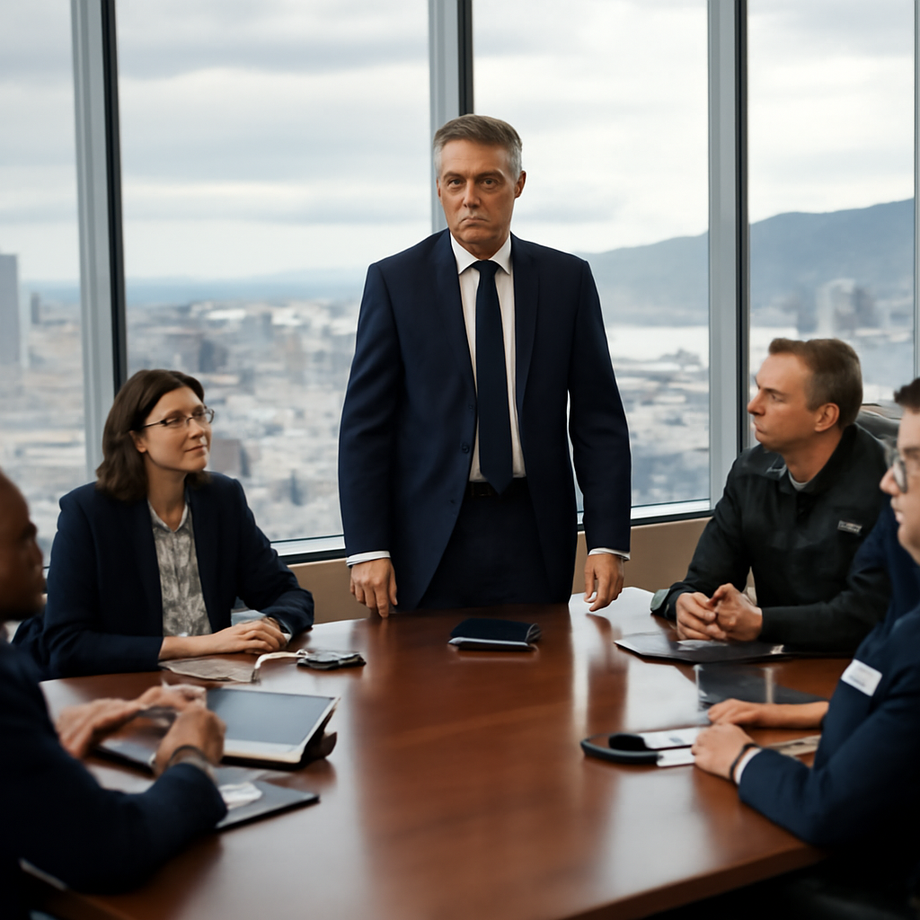 Government official addresses diverse group of sector representatives in conference room overlooking cityscape.