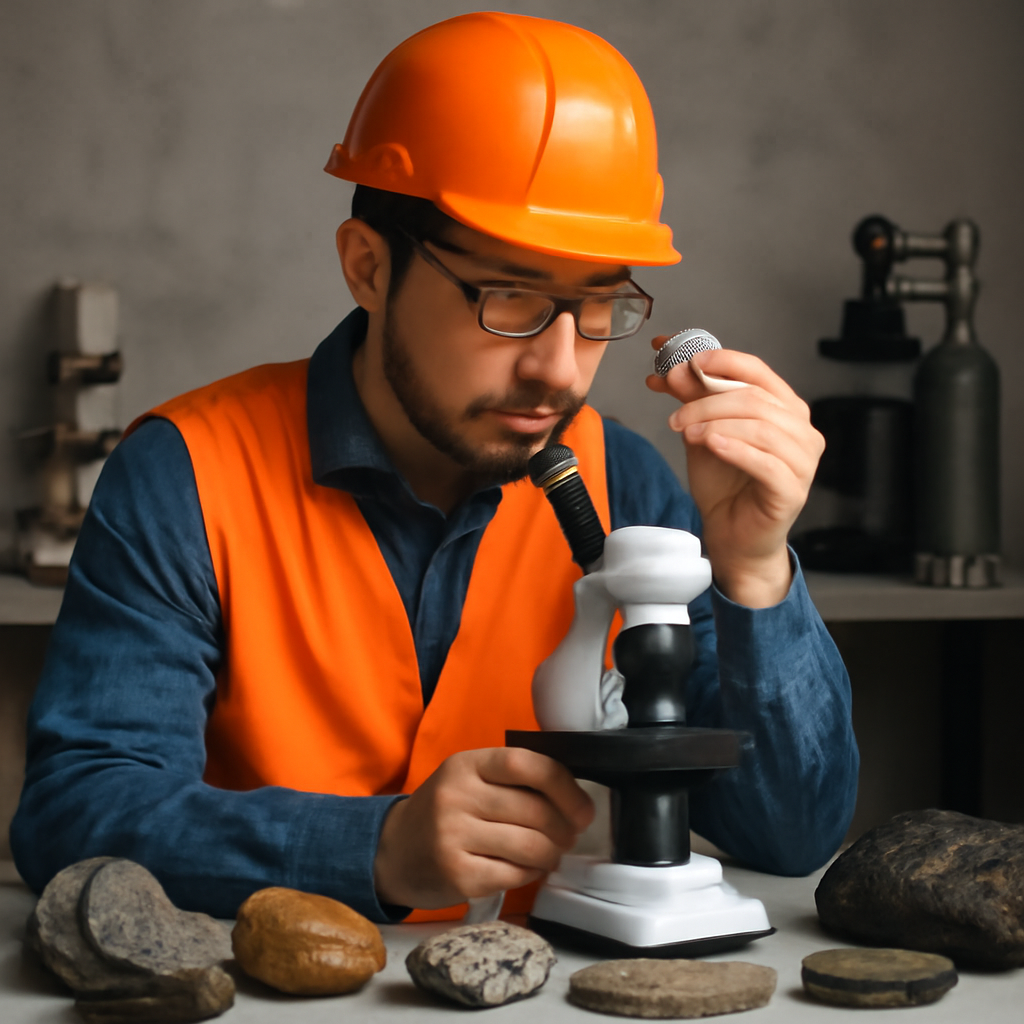 Geologist examines mineral sample under microscope amidst lab equipment and rock samples.