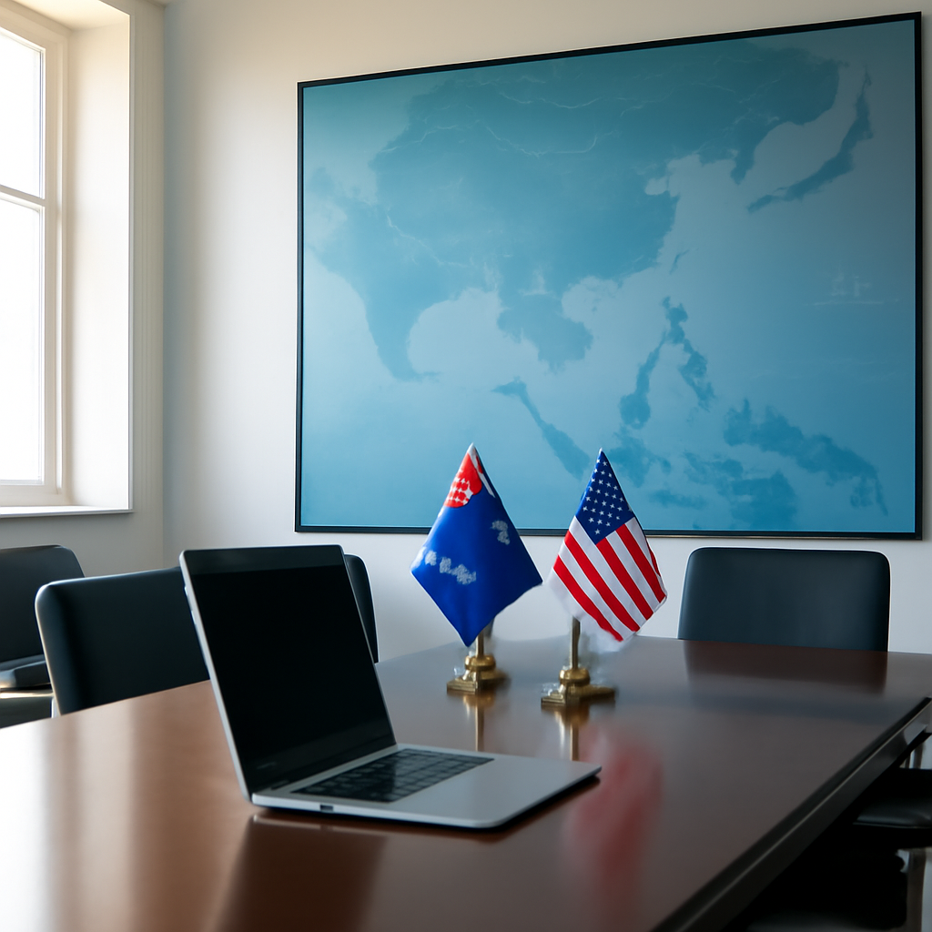 Military briefing room with Asia-Pacific map and Australian, US flags.