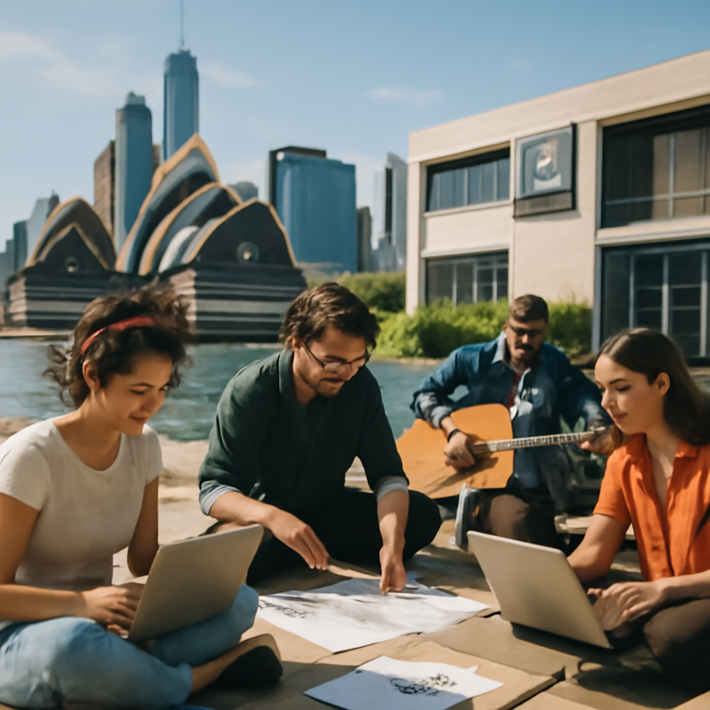 Modern Australian cityscape with sleek skyscrapers and subtle hint of data center infrastructure in the background.