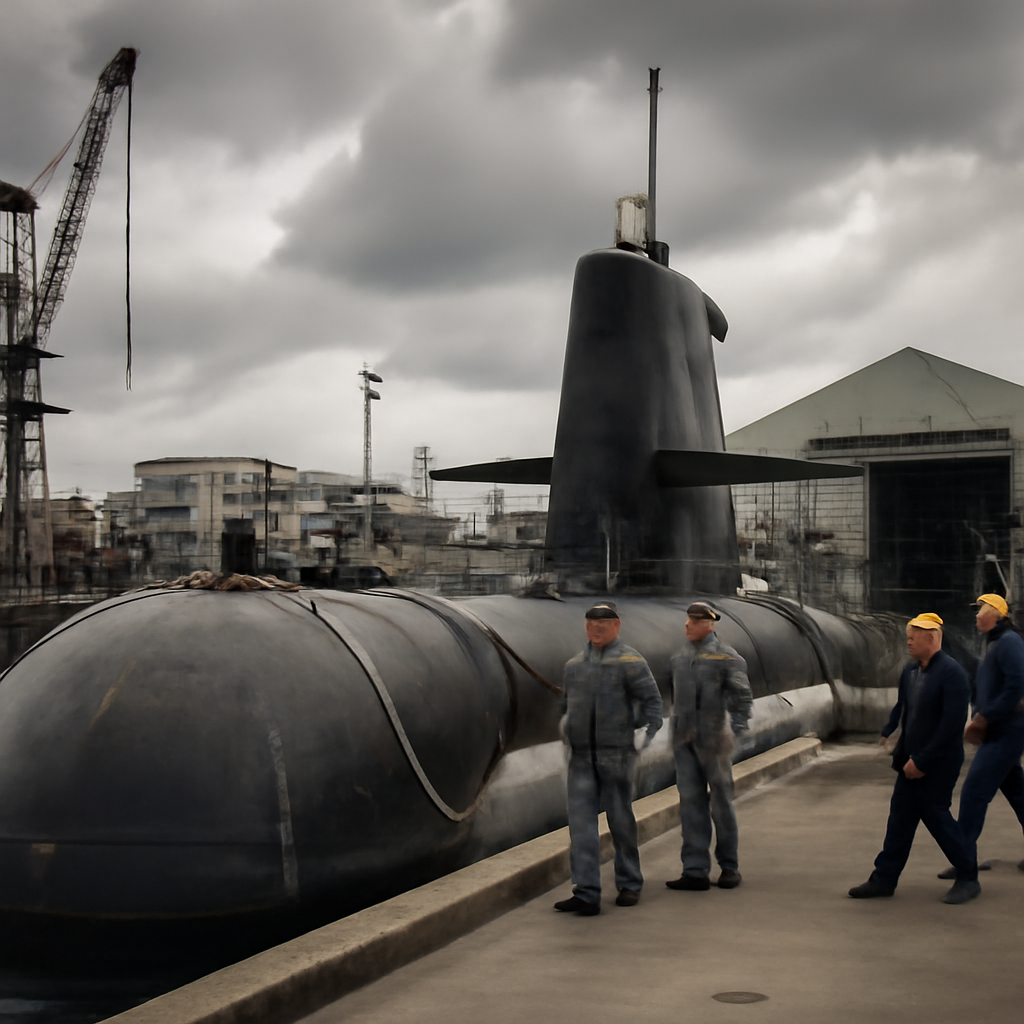 Submarine docked in harbor with maintenance facility and Australian naval personnel in background.