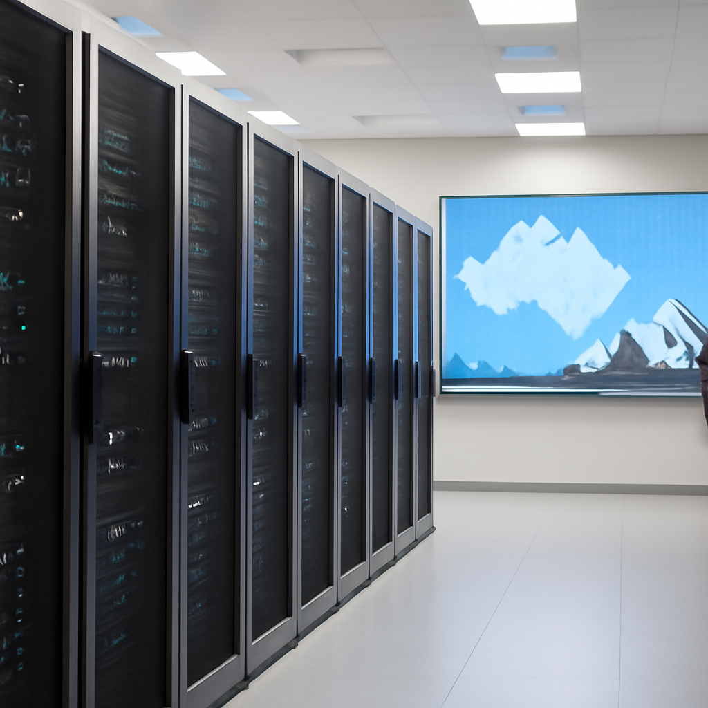 Rows of servers in a data center with a distant view of the Sydney Opera House.