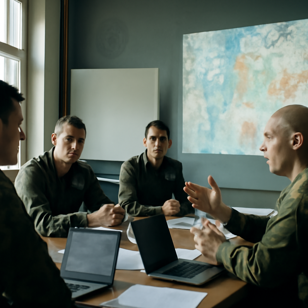 Military officers in discussion around a table, gesturing and looking at a large screen or whiteboard.