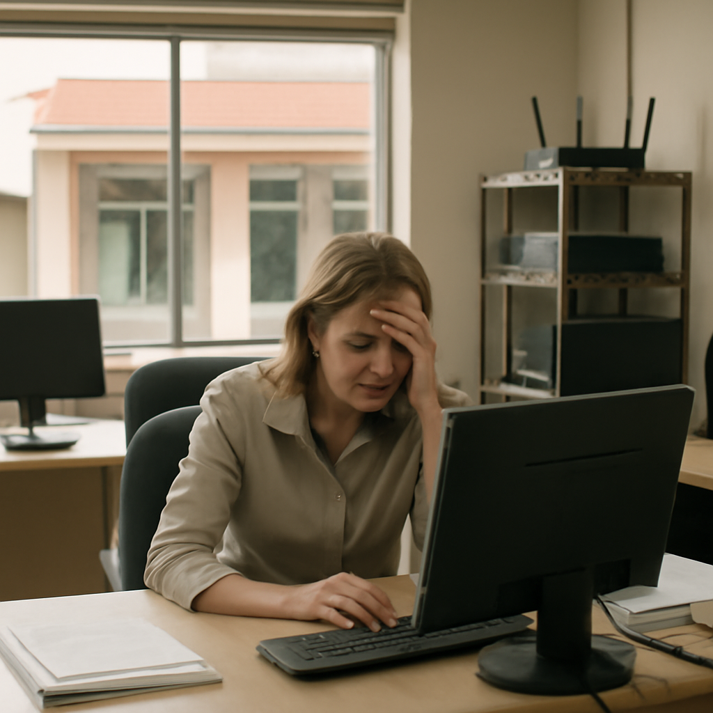 Small business office with computers and router, showing vulnerability through a large window overlooking a generic…