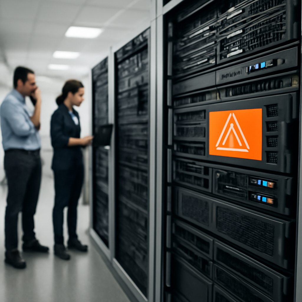 Rows of computer servers and networking equipment in a brightly-lit server room with technicians in the background.