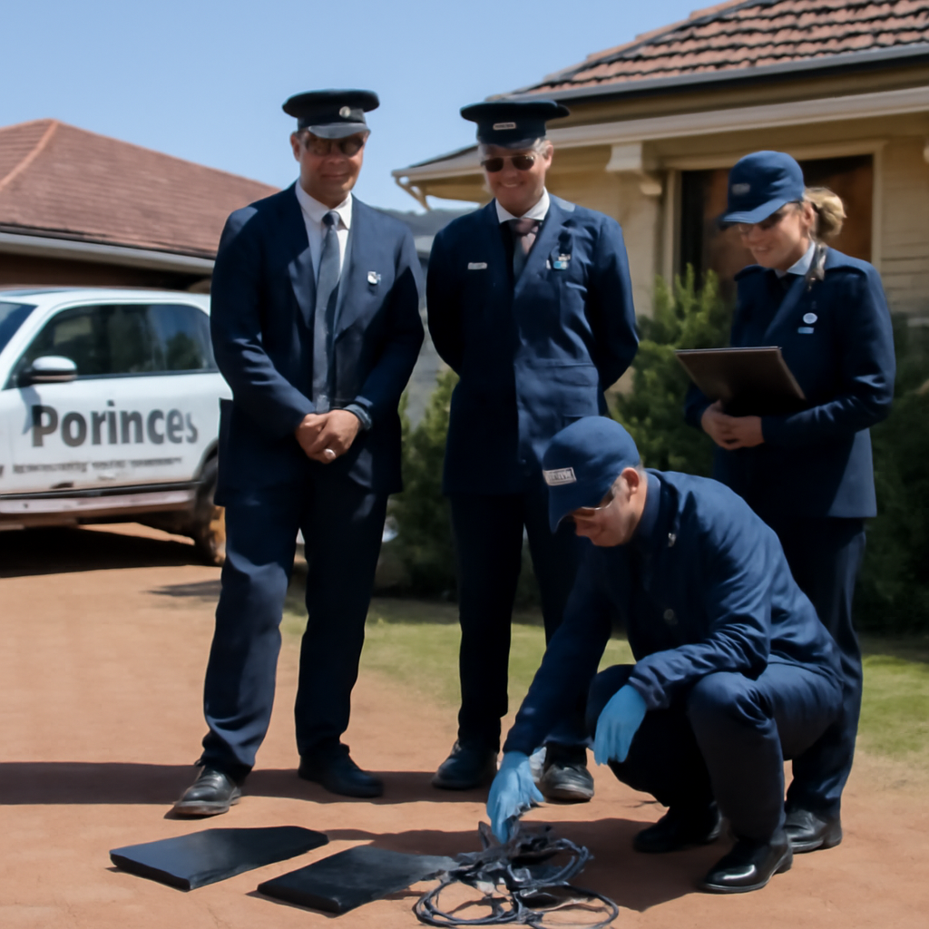 Police officers and forensic experts examine electronic devices outside a residential property.