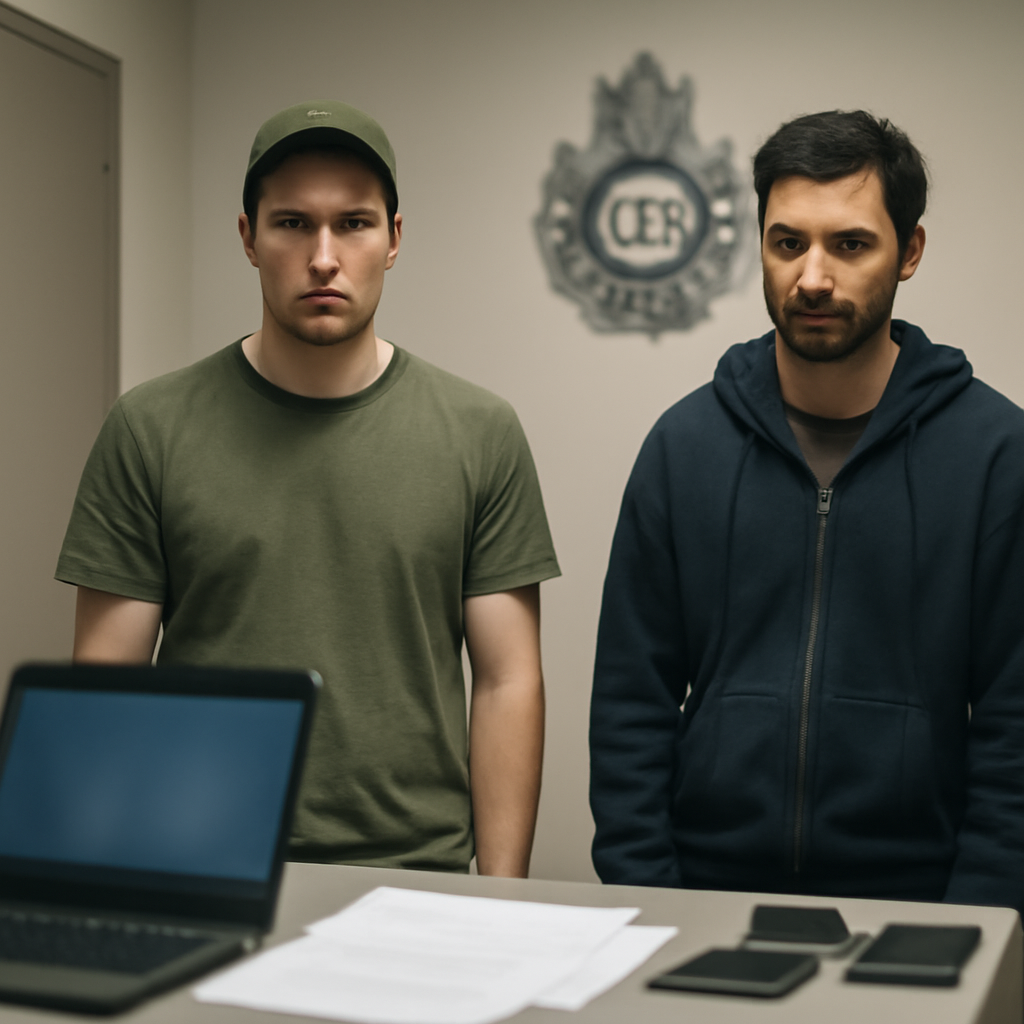 Two men in casual clothing stand in a neutral-colored police station with a subtle Australian Federal Police emblem in the…