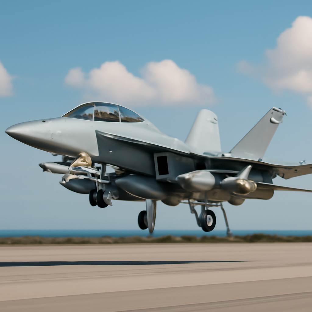 F/A-18F fighter jet takes off with inert missile and training rounds under clear blue skies.