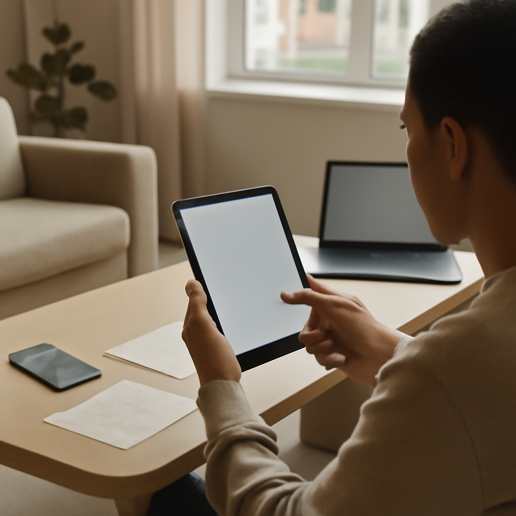 Person sits in living room surrounded by devices with blank screens, looking at a tablet.