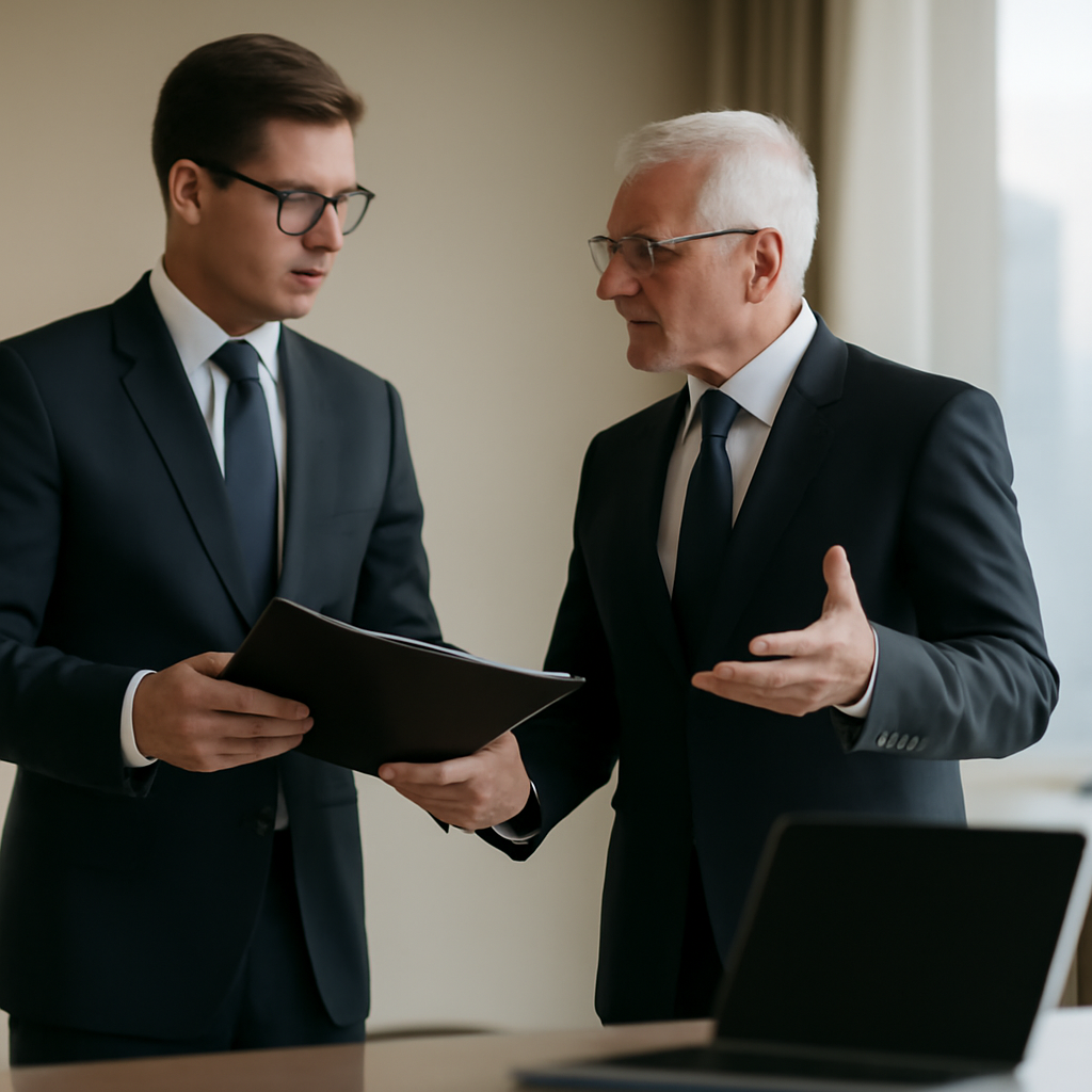 Two officials in formal attire discuss an agreement in a conference room with a cityscape background.