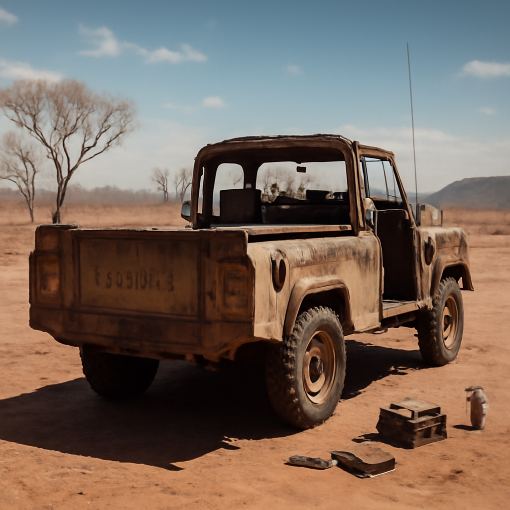 Worn Australian Army vehicle abandoned in desolate desert landscape.