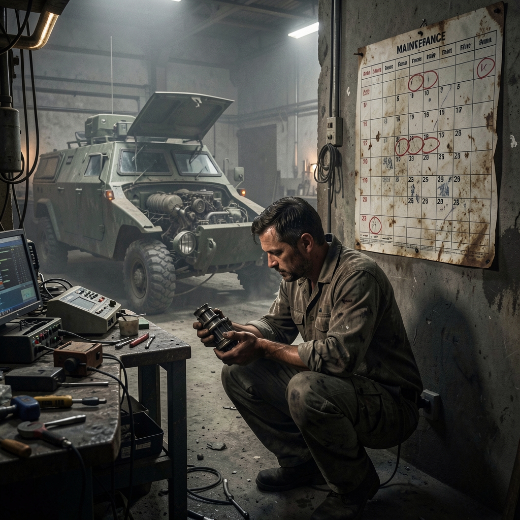 Mechanic examines complex part in dimly lit, dusty workshop with armoured vehicle in background.
