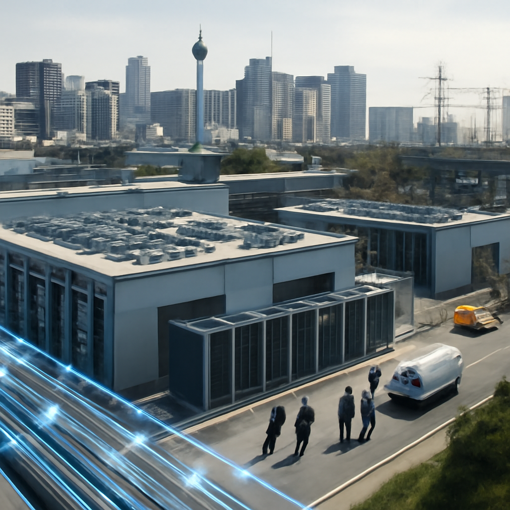 Data centres clustered in a metropolitan area with modern buildings and urban infrastructure.