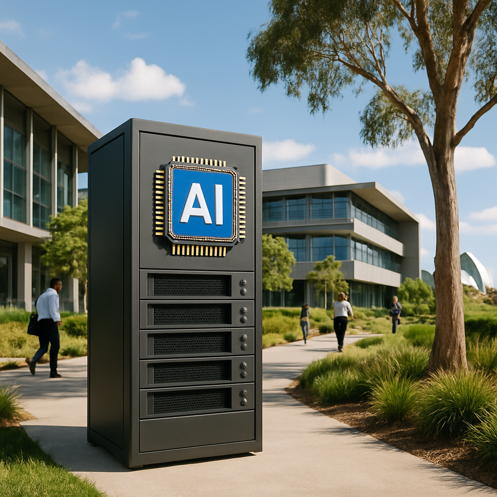 Modern Australian data centre or tech HQ with sleek architecture, lush surroundings, and people working in the background…