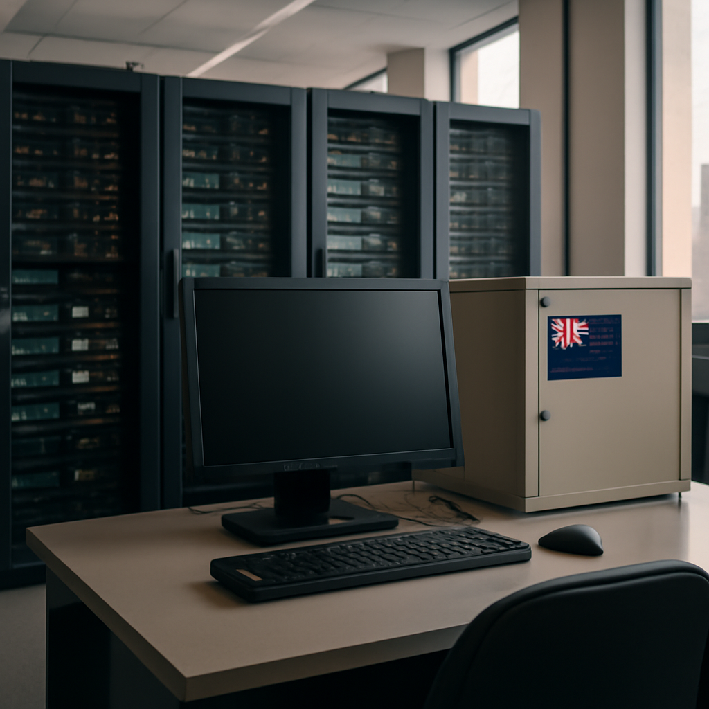 Rows of computer servers and storage equipment in a dimly lit server room with a single unoccupied workstation in the…