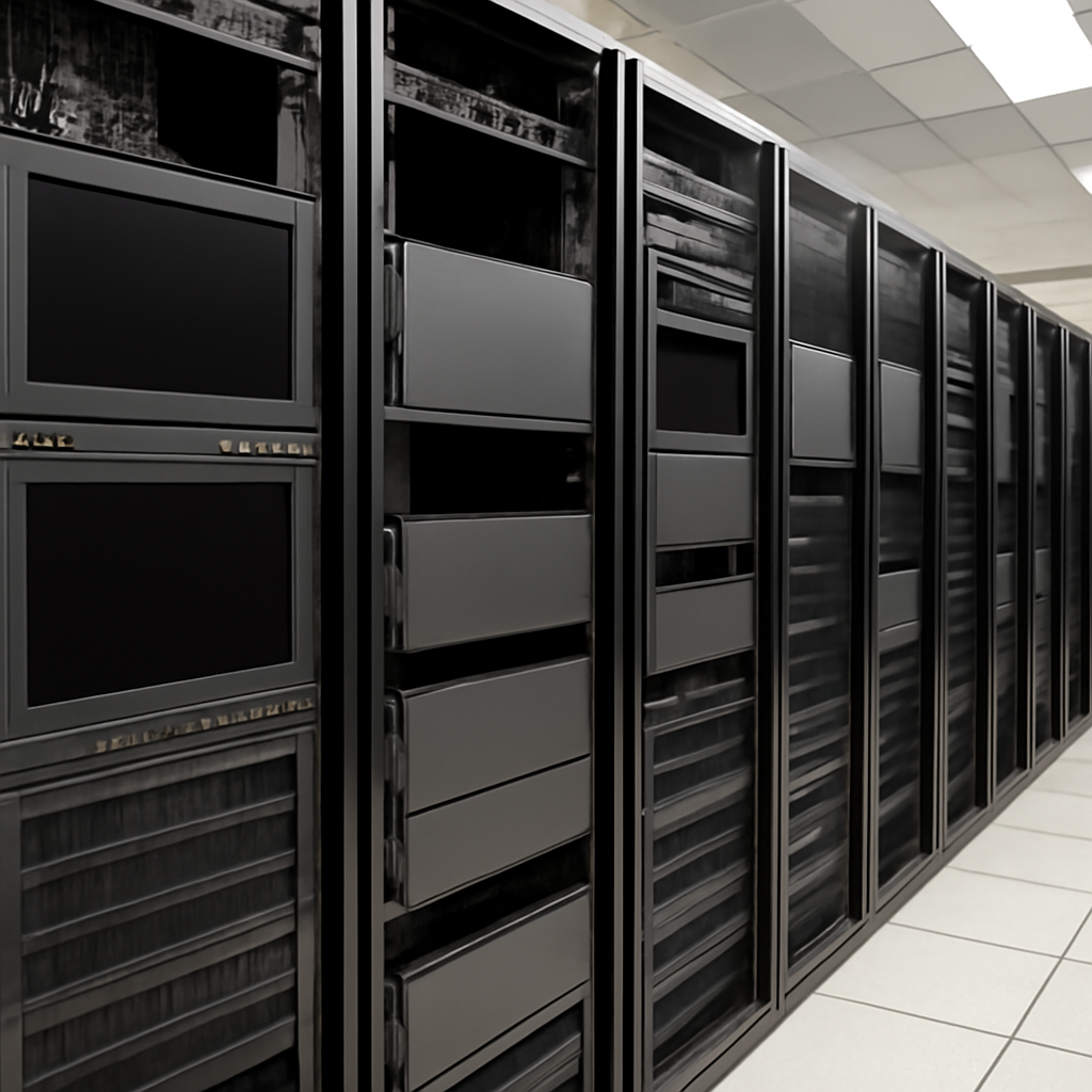 Rows of computer servers with removed screens and access panels in a neutral data center environment.
